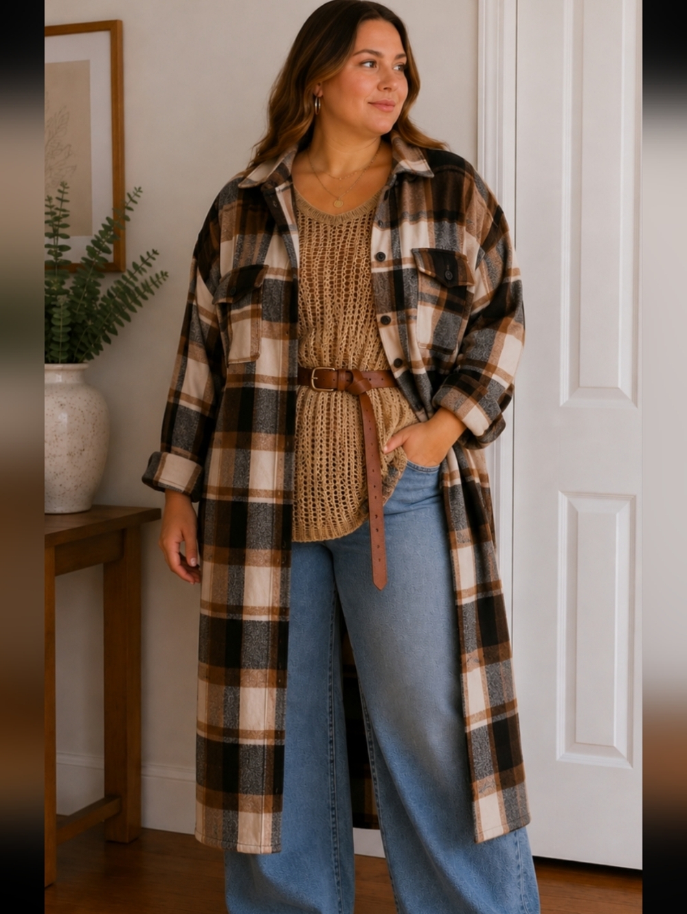 Long Plaid Shacket in Brown & Cream SZ 16